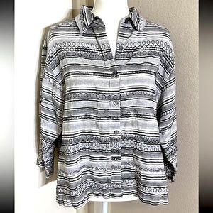 Chico’s 100% Linen Embroidered Striped Button-Down Top | Large